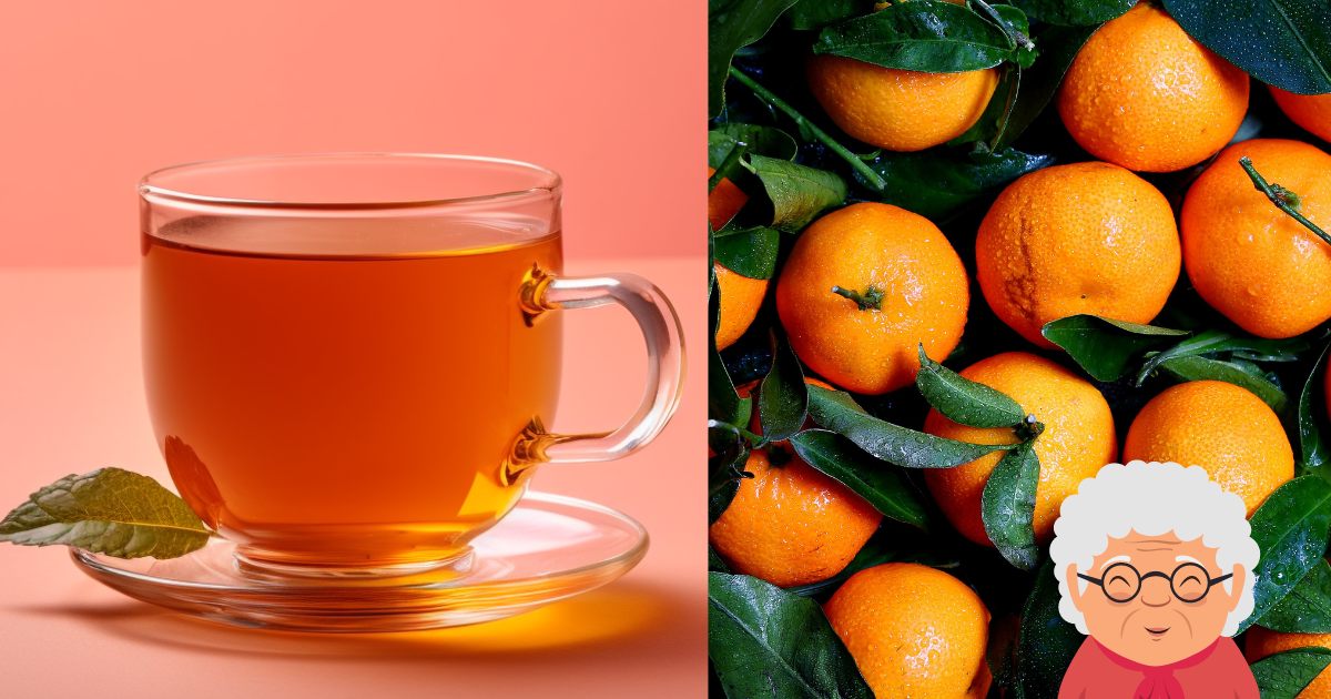 Chá de folha de laranja da terra preparado em xícara simples.