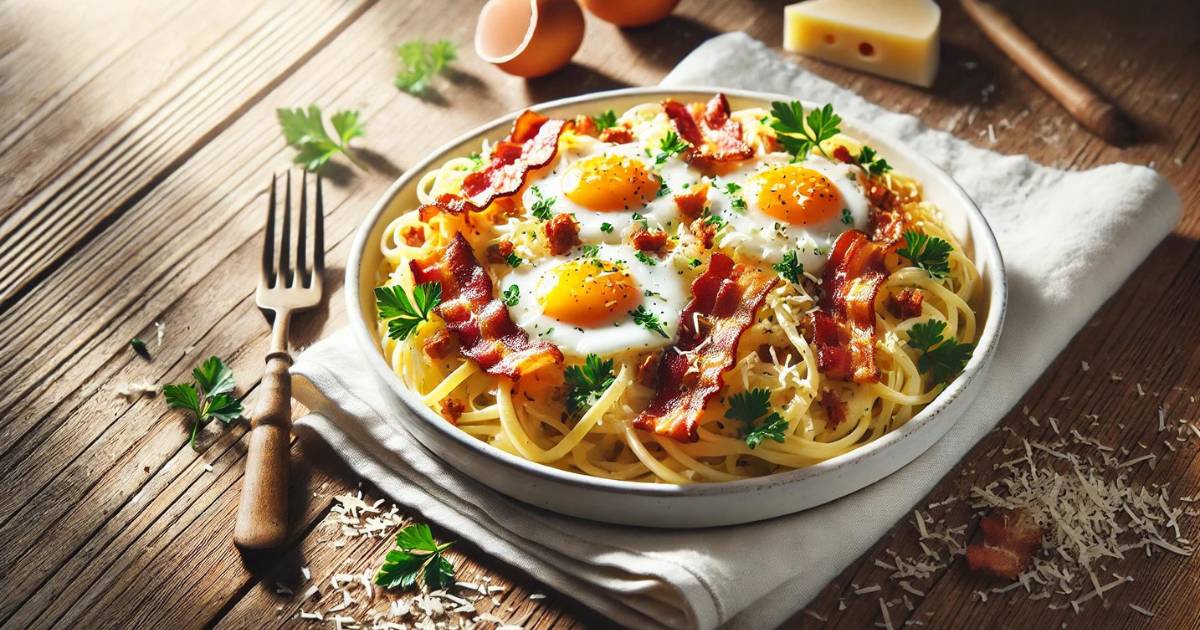 Macarrão cremoso com bacon e ovos