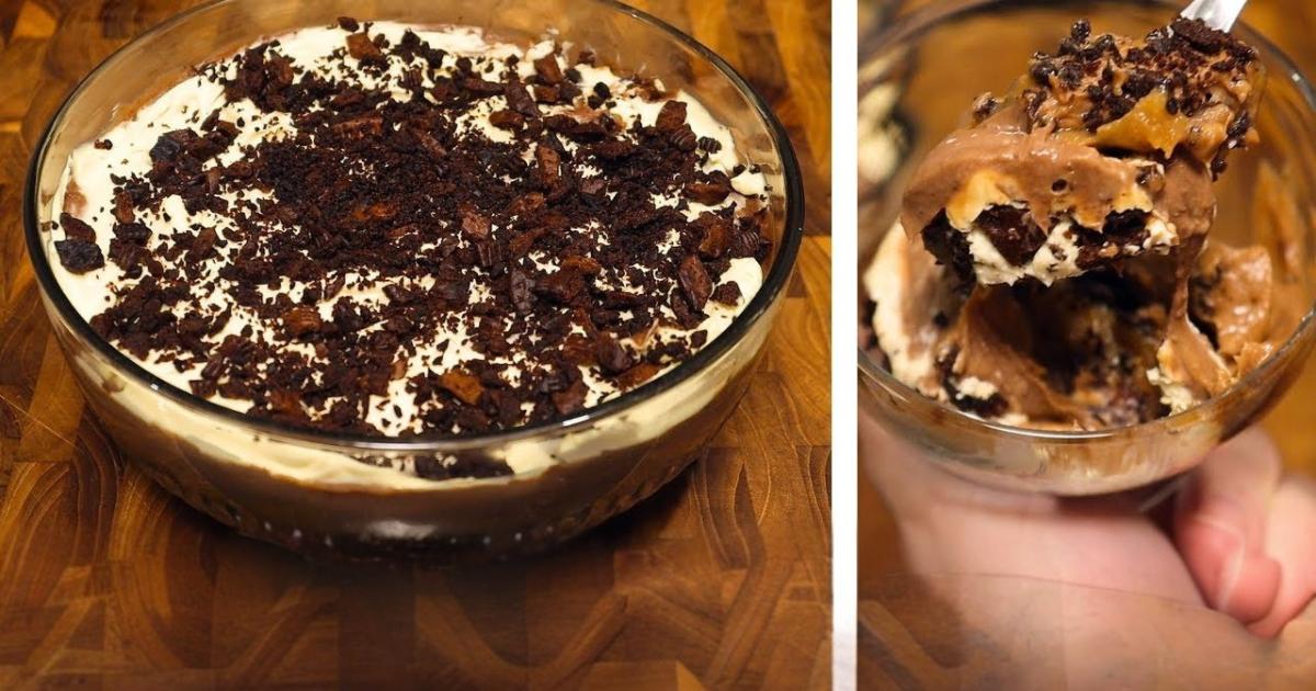 Aprenda a fazer a famosa sobremesa Baba de Dinossauro, com mousse de chocolate, caramelo, farofa...