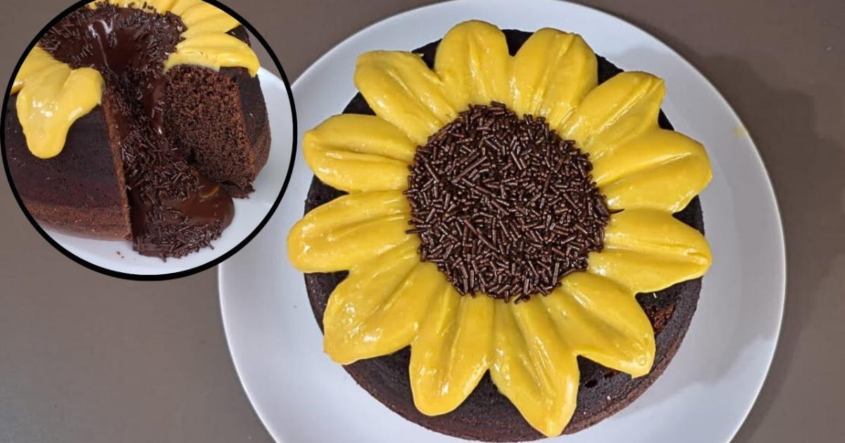 Receita de Bolo Vulcão Girassol com cobertura cremosa e recheio de chocolate!...