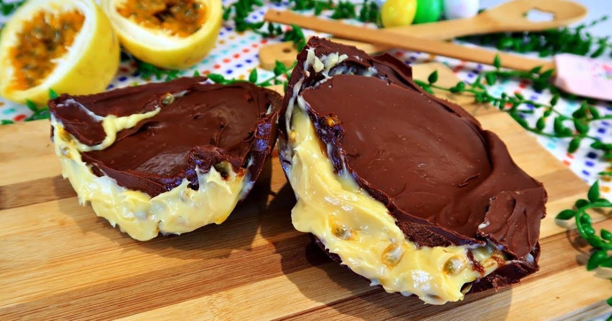 Ovo de Páscoa com recheio cremoso de maracujá e casca de chocolate....