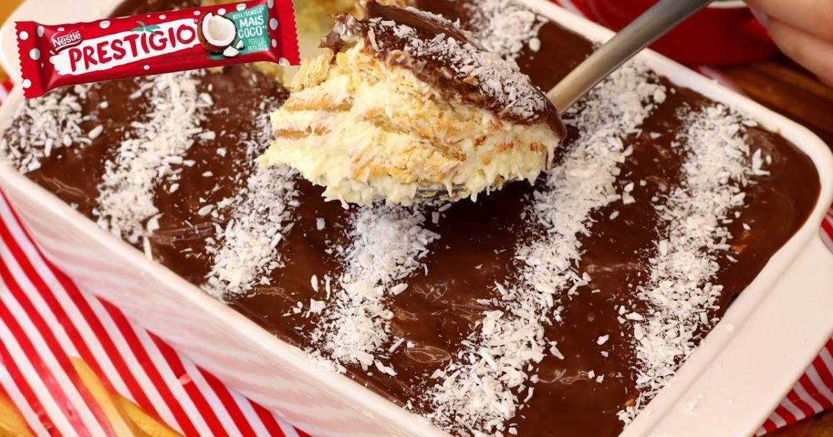 Pavê prestígio sem forno e sem fogão, com creme aveludado e ganache de chocolate....