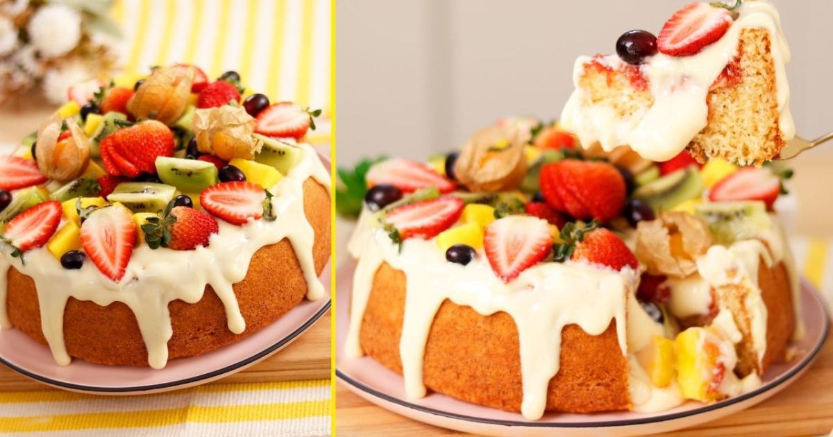Bolo tropical com recheios de creme belga e geleia de morango....