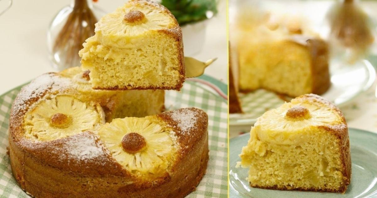 Bolo de abacaxi com pedaços na massa, leve, úmido e decorado....
