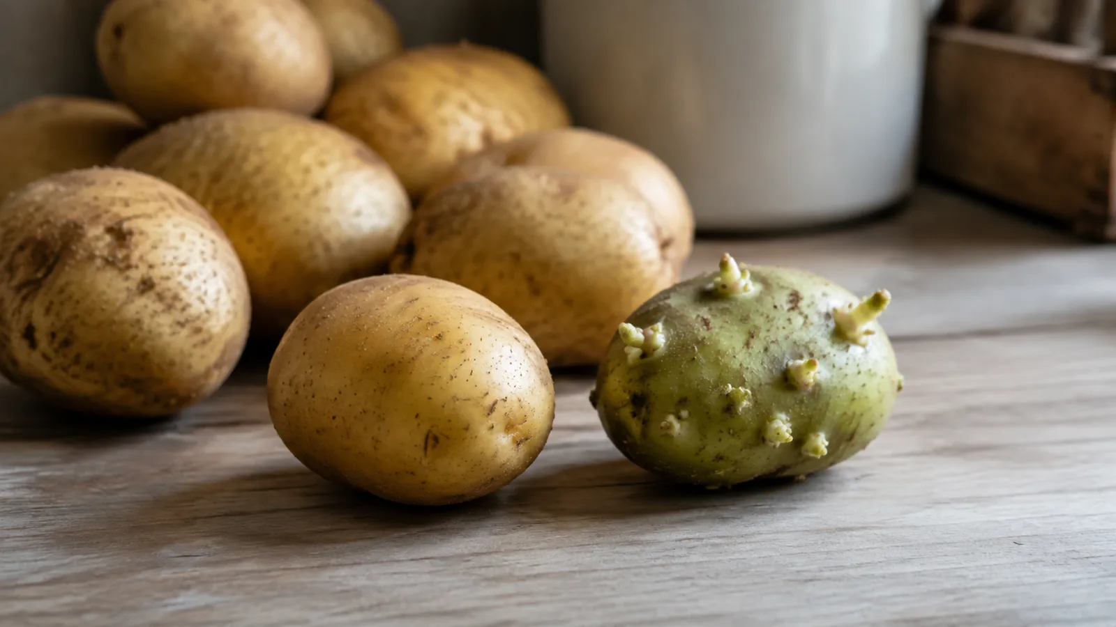 Quando uma batata esquecida recebe luz, sua casca pode ficar verde e pequenos brotos surgem...