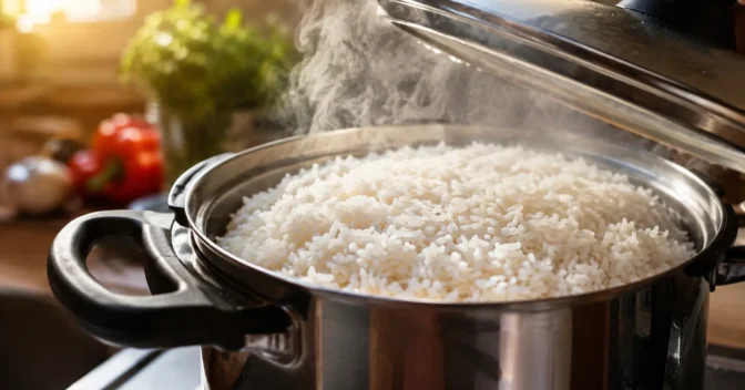 Notícias: Eu abria a panela assim que a água do arroz sumia, mas esperar cinco minutos com o fogo apagado mudou a textura sem acrescentar nada à receita