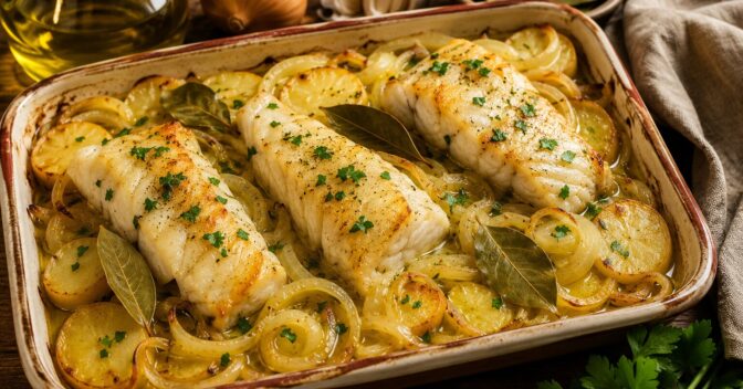 Notícias: O bacalhau pode ressecar mesmo coberto de azeite: a cama de cebola, o vinho e o louro criam no forno algo que a gordura sozinha não consegue