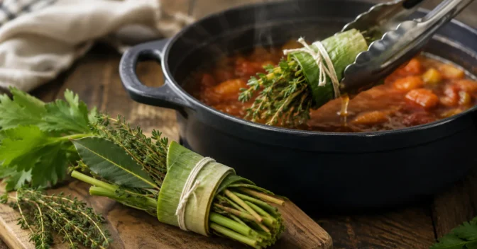 Notícias: Eu picava louro e talos junto do molho até entender por que o buquê garni entrega aroma e depois sai inteiro da panela