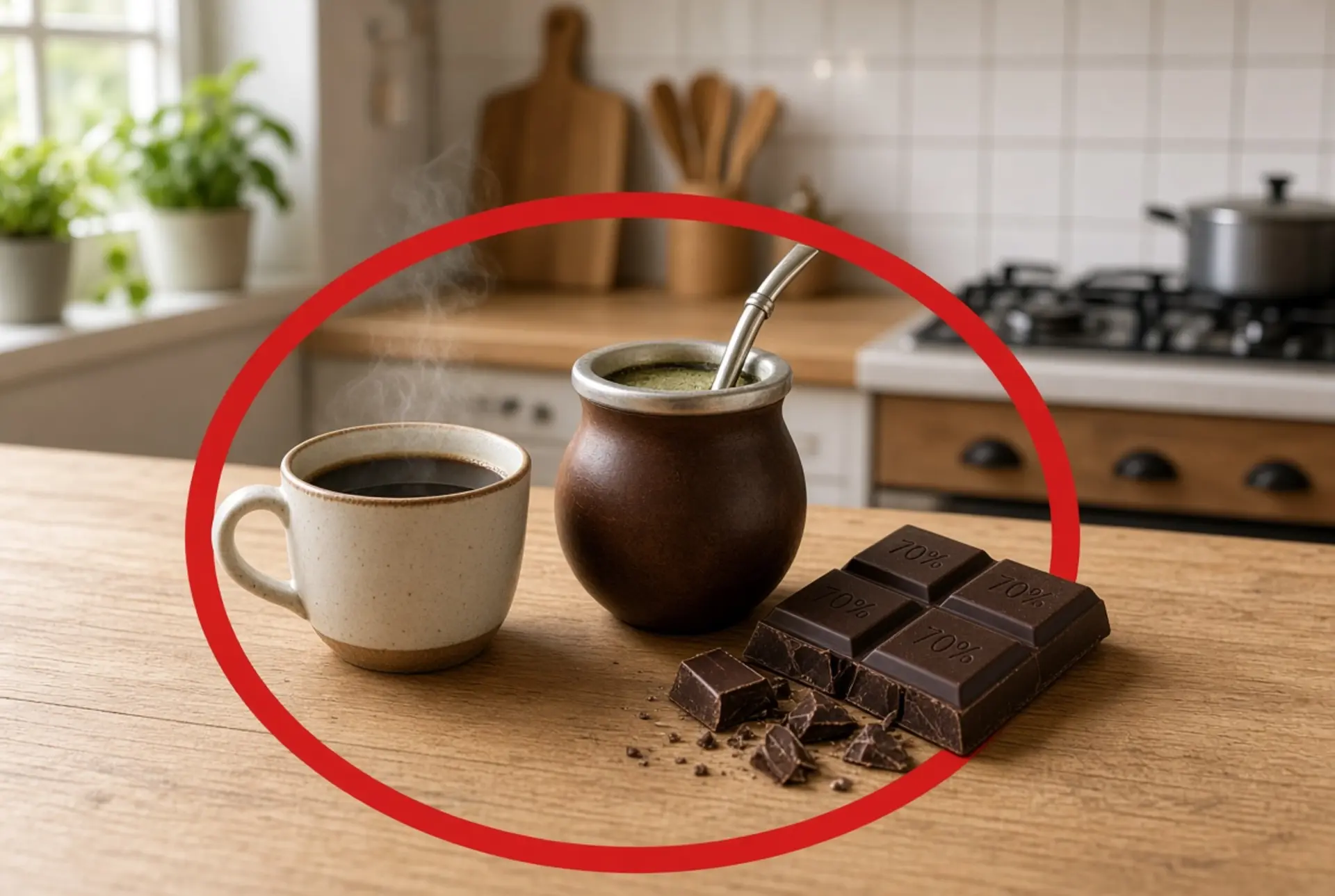 Uma xícara de café preto, uma cuia de chimarrão e um pedaço de chocolate amargo....