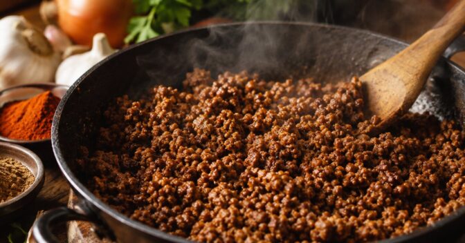 Notícias: A carne moída pode ficar cinzenta mesmo cheia de tempero: páprica e cominho ajudam, mas o sabor começa no espaço deixado dentro da frigideira