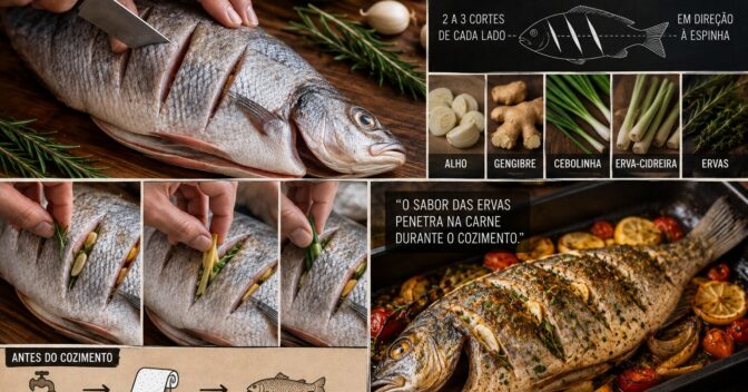 Peixes: Eu comecei a fazer cortes no peixe inteiro antes de temperar e percebi que cobrir a pele de ervas não era a única opção