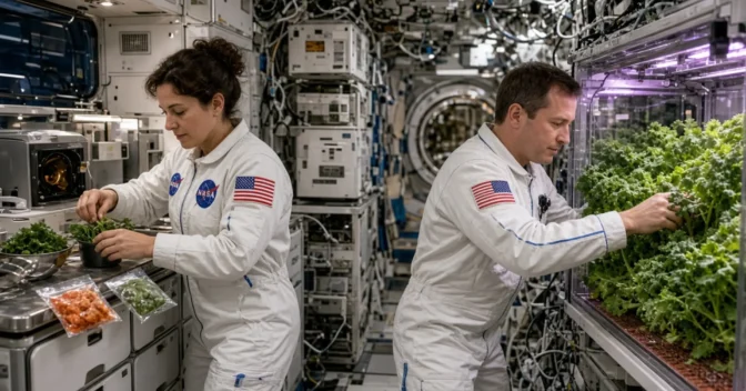 Notícias: Astronautas colhem kale e mostarda wasabi cultivados na Estação Espacial Internacional e preparam a melhor refeição que já fizeram em órbita