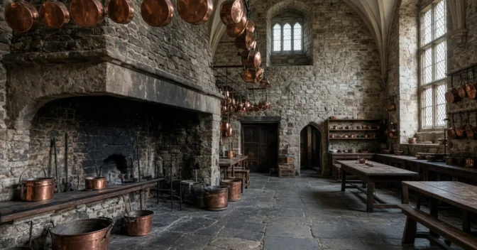 Notícias: Cozinha medieval construída nos anos 1360 em castelo inglês funcionou continuamente até a década de 1950 e ainda preserva utensílios de cobre originais