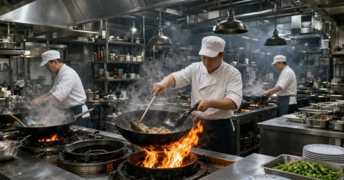 Notícias: Estações de wok de alta temperatura nas cozinhas chinesas profissionais atingem chamas intensas e exigem técnica precisa