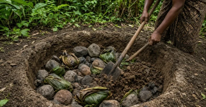 Notícias: Forno de terra havaiano e maori enterra comida com pedras quentes e folhas por horas e produz carne extremamente macia