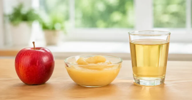 Notícias: A mesma quantidade de maçã vira fruta, purê e suco; dentro do estômago, a versão inteira permanece 27 minutos a mais e sustenta maior saciedade