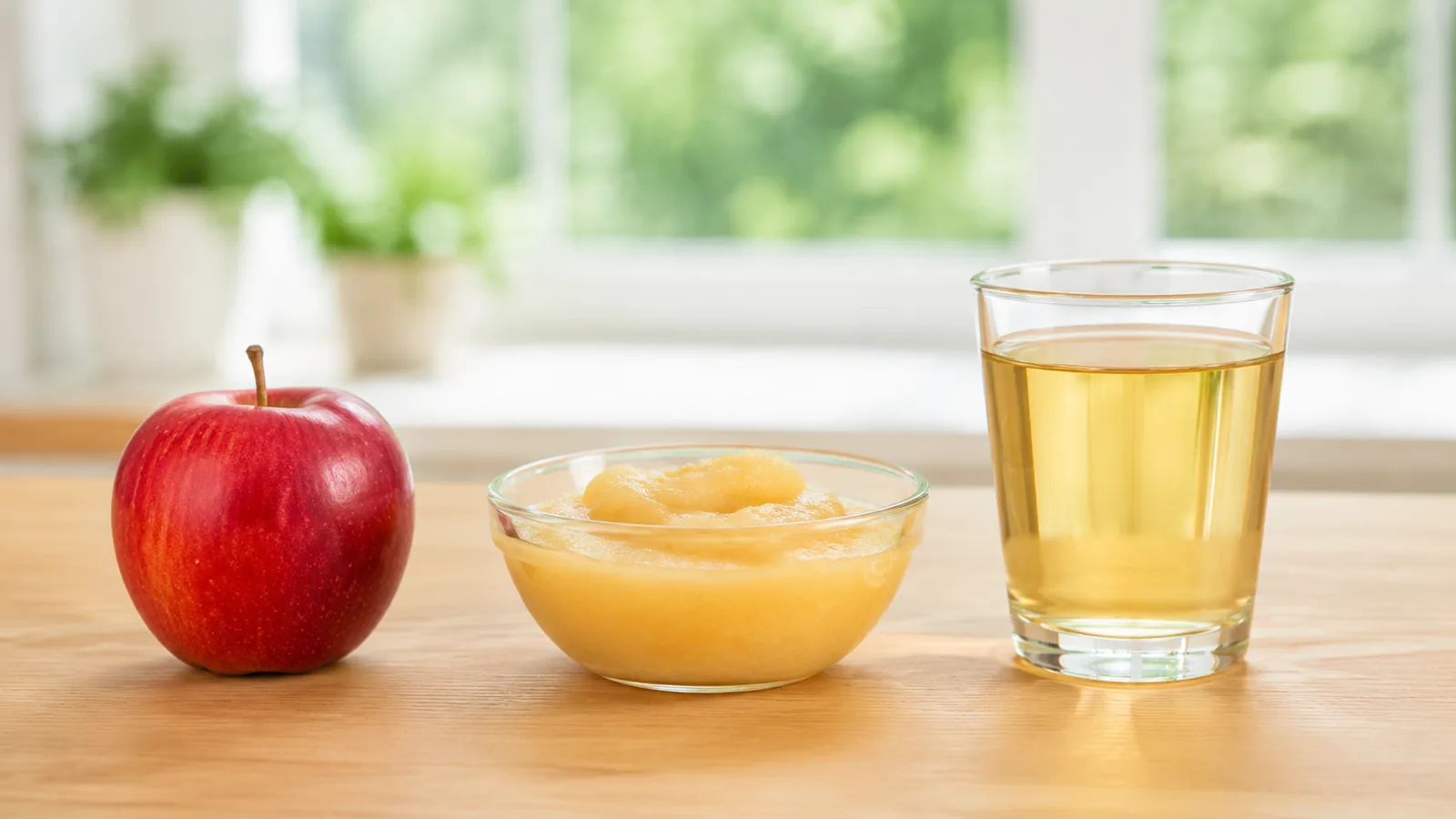 Uma maçã, uma tigela de purê e um copo de suco podem começar com a...