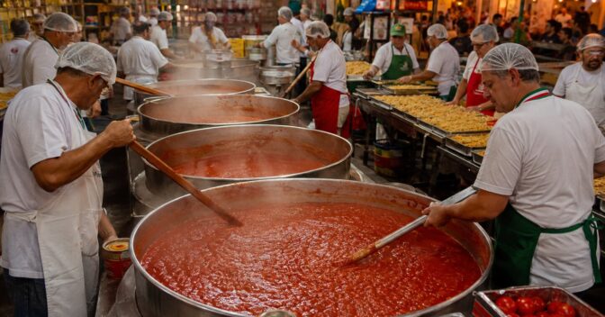 Notícias: A cozinha que precisa funcionar como fábrica: o que muda quando uma festa prepara 20 mil litros de molho de tomate