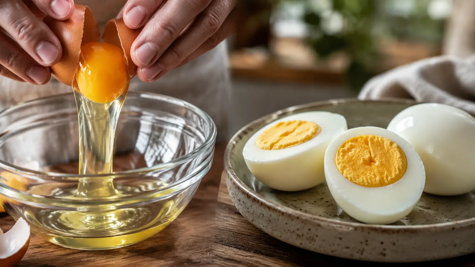 Um ovo cru aberto em uma tigela e outro já cozido parecem alimentos de naturezas...