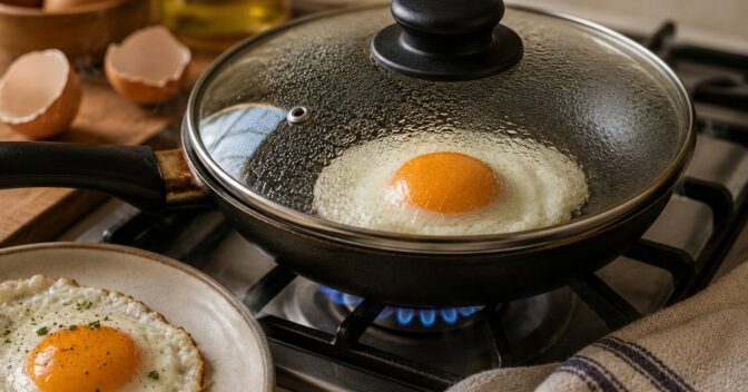 Notícias: Tampar a frigideira muda o modo como o ovo cozinha e pode deixar a gema cremosa sem queimar a parte de baixo