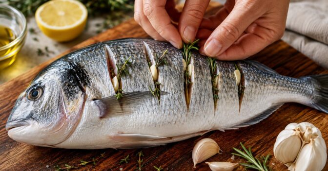 Notícias: Fazer pequenos cortes no peixe inteiro antes de cozinhar permite esconder ervas e alho na carne e levar o tempero para além da pele