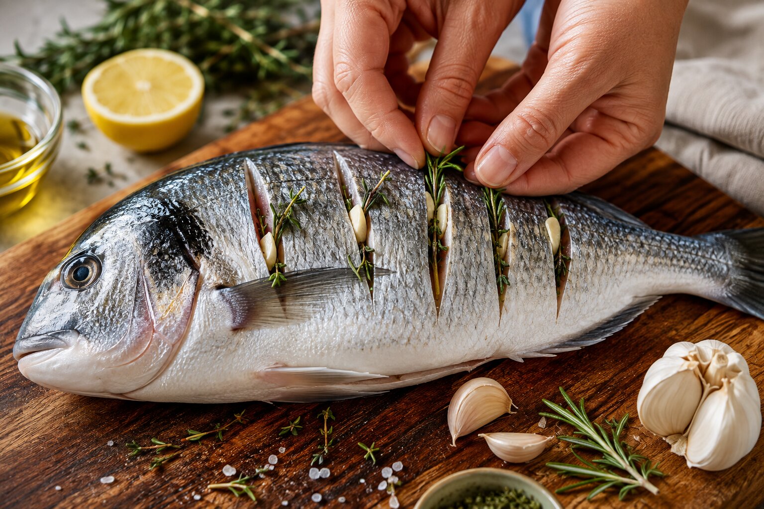 Temperar um peixe inteiro normalmente significa passar sal, limão, azeite e ervas pela superfície ou...