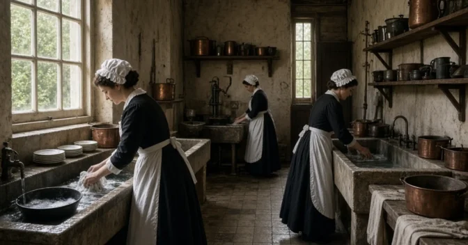 Notícias: O scullery vitoriano era a cozinha de lavagem especializada onde as empregadas trabalhavam nas condições mais duras