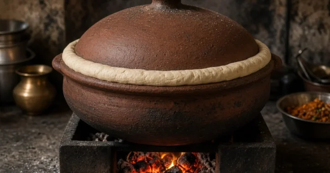 Notícias: Técnica de quase 300 anos em Hyderabad sela carne crua e arroz em panela com anel de massa e cozinha apenas com o vapor da própria marinada sem adicionar água